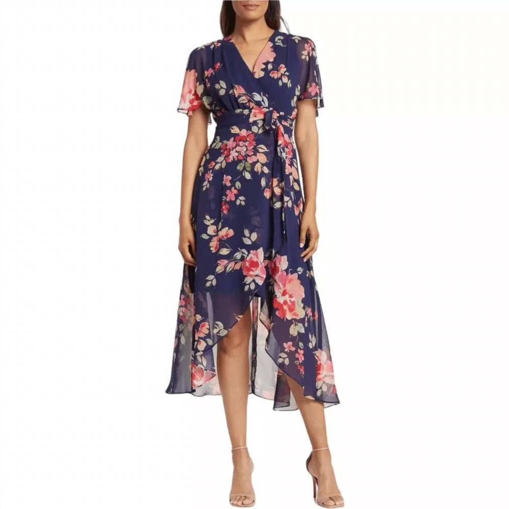 ELIZA J Floral High Low Dress Blue Faux Wrap Short Sleeve Chiffon Size 4